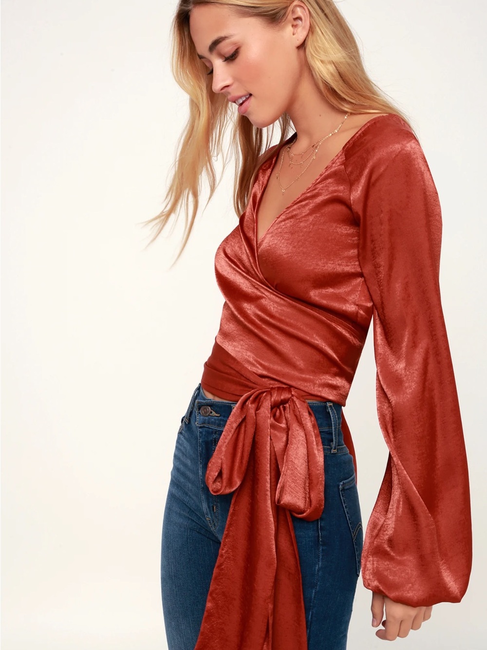 Billabong Satin Tie-Front Top in Rust Red